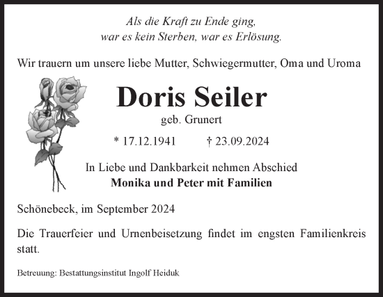Traueranzeige von Doris Seiler von Volksstimme Schönebeck