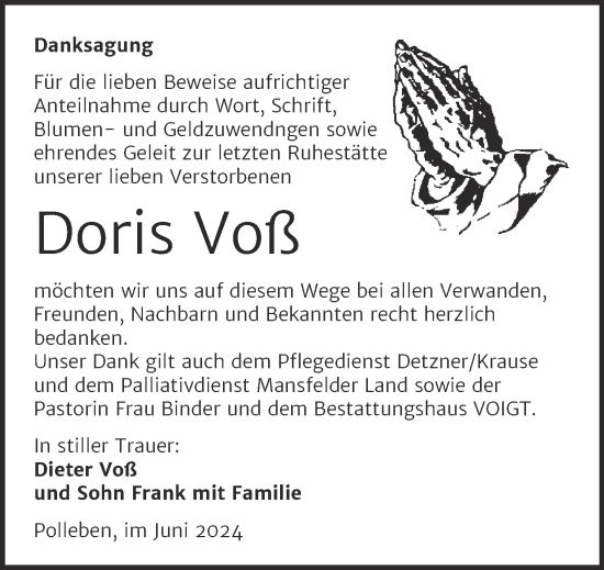 Traueranzeige von Doris Voß von Trauerkombi Mansfelder Land