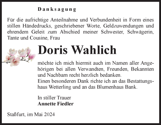 Traueranzeige von Doris Wahlich von Volksstimme Staßfurt