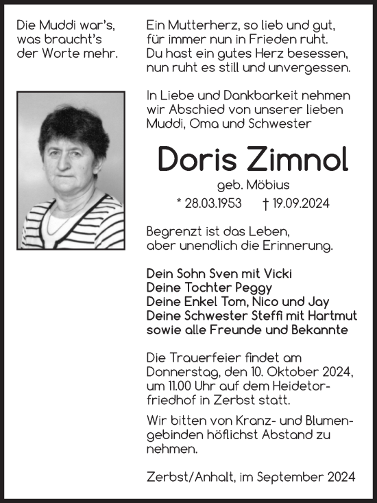Traueranzeige von Doris Zimnol von Volksstimme Zerbst