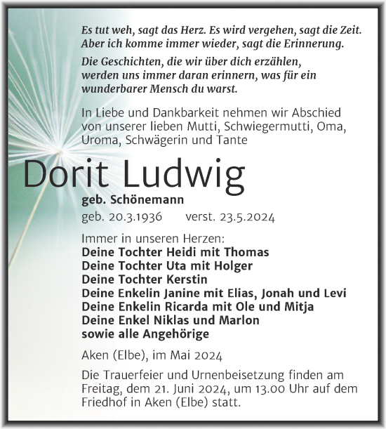 Traueranzeige von Dorit Ludwig von Trauerkombi Köthen