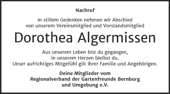 Traueranzeige von Dorothea Algermissen von Super Sonntag Bernburg
