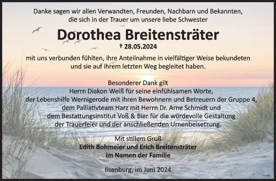 Traueranzeige von Dorothea Breitensträter von Volksstimme Wernigerode