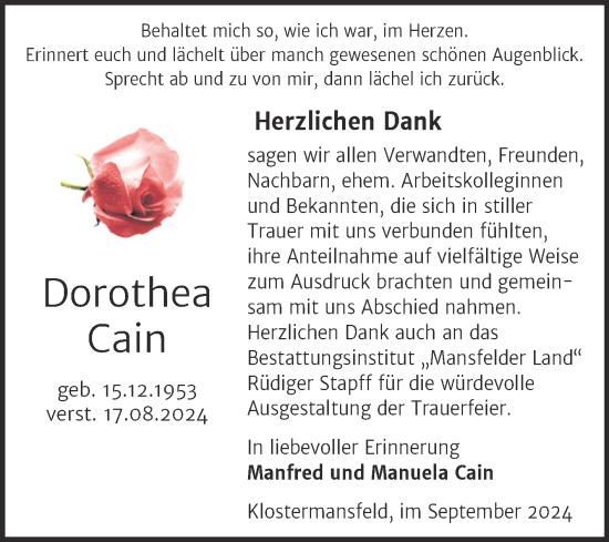 Traueranzeige von Dorothea Cain von Trauerkombi Mansfelder Land