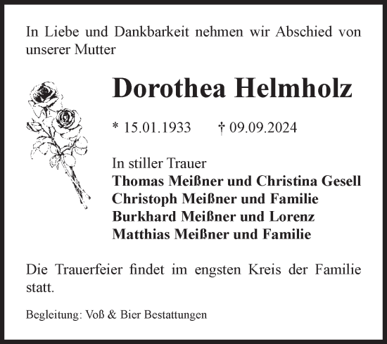Traueranzeige von Dorothea Helmholz von Volksstimme Wernigerode