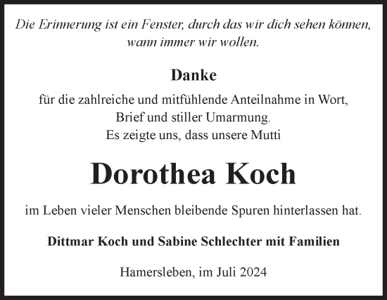 Traueranzeige von Dorothea Koch von Volksstimme Oschersleben/Wanzleben