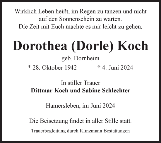 Traueranzeige von Dorothea Koch von Volksstimme Oschersleben/Wanzleben