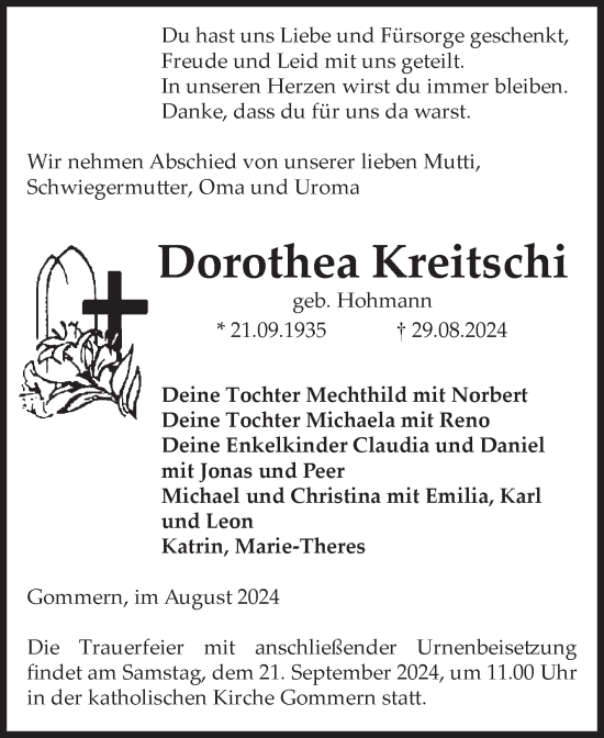 Traueranzeige von Dorothea Kreitschi von Volksstimme Burg/Genthin