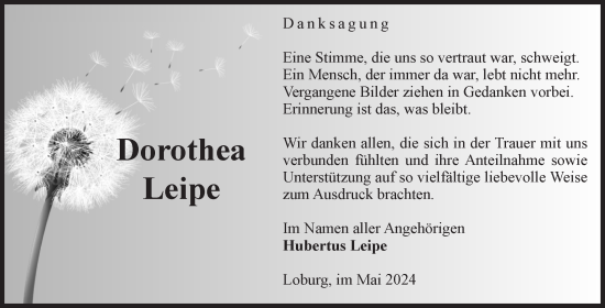 Traueranzeige von Dorothea Leipe von Volksstimme Zerbst