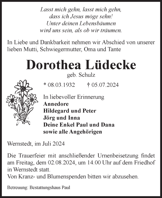 Traueranzeige von Dorothea Lüdecke von Volksstimme Altmark West
