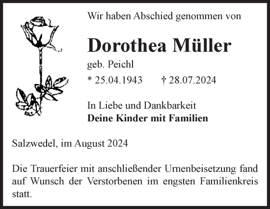 Traueranzeige von Dorothea Müller von Volksstimme Altmark West