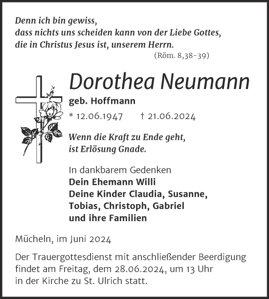 Traueranzeige von Dorothea Neumann von Mitteldeutsche Zeitung Merseburg/Querfurt