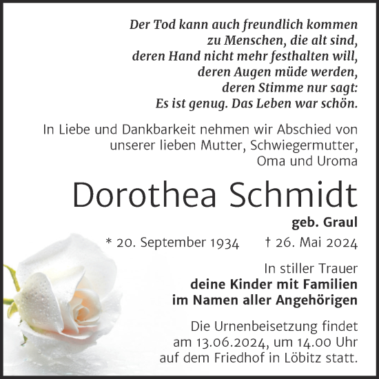 Traueranzeige von Dorothea Schmidt von Super Sonntag Naumburg/Nebra