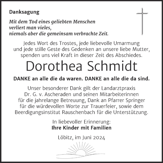 Traueranzeige von Dorothea Schmidt von Super Sonntag Naumburg/Nebra