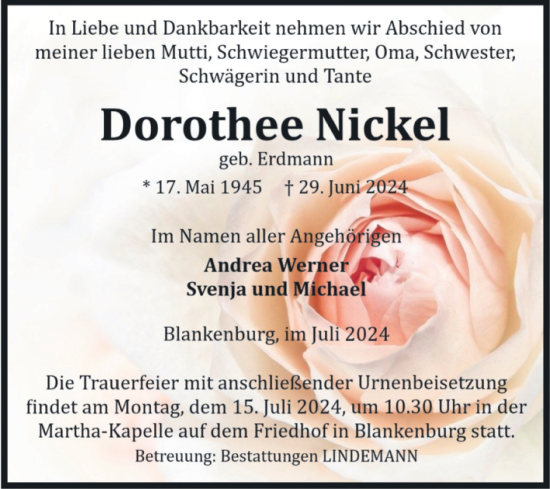 Traueranzeige von Dorothee Nickel von Volksstimme Wernigerode