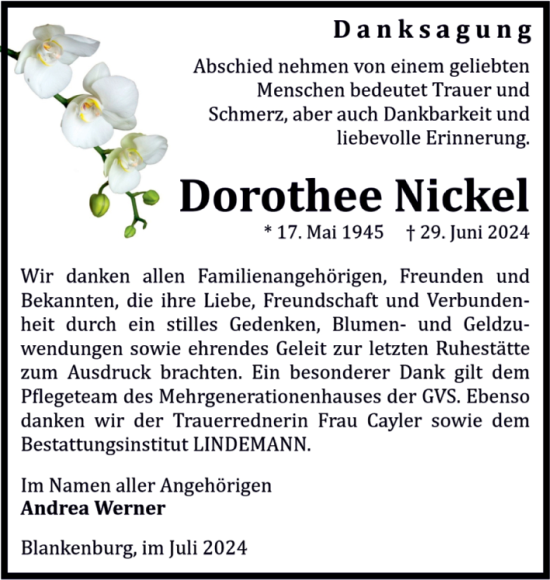 Traueranzeige von Dorothee Nickel von Volksstimme Wernigerode