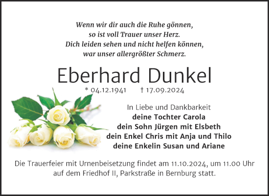 Traueranzeige von Eberhard Dunkel von Trauerkombi Bernburg