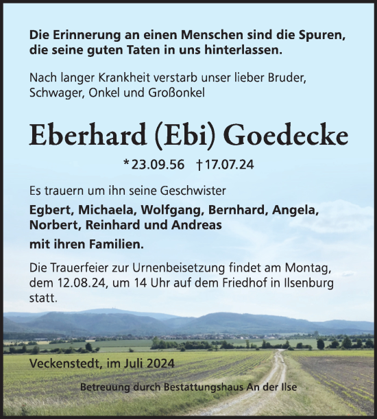Traueranzeige von Eberhard Goedecke von Volksstimme Wernigerode