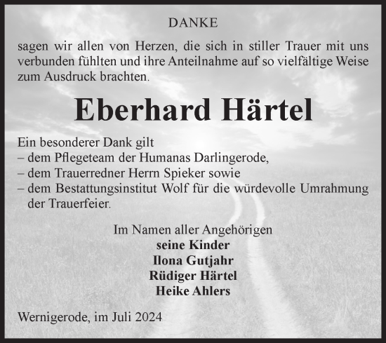 Traueranzeige von Eberhard Härtel von Volksstimme Wernigerode
