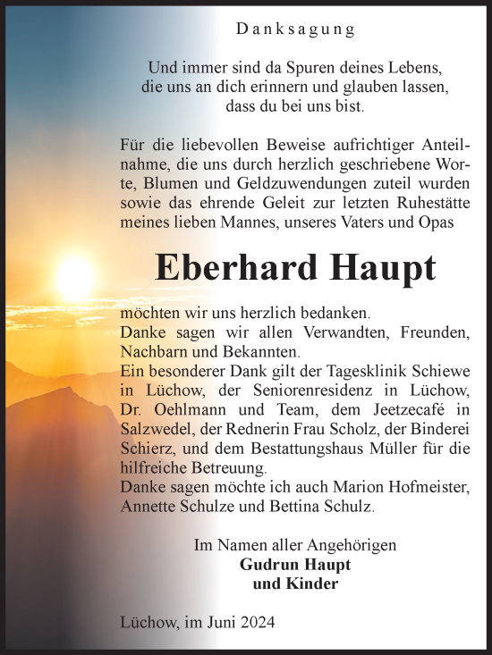 Traueranzeige von Eberhard Haupt von Volksstimme Altmark West