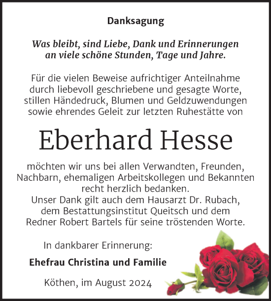 Traueranzeige von Eberhard Hesse von Trauerkombi Köthen