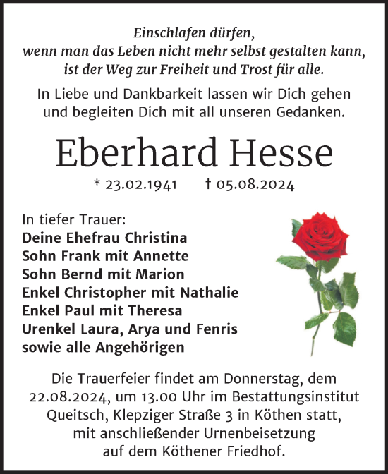 Traueranzeige von Eberhard Hesse von Trauerkombi Köthen