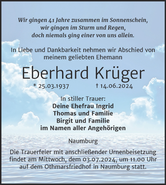 Traueranzeige von Eberhard Krüger von Super Sonntag Naumburg/Nebra