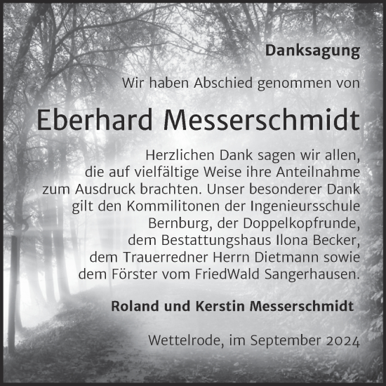 Traueranzeige von Eberhard Messerschmidt von Trauerkombi Sangerhausen