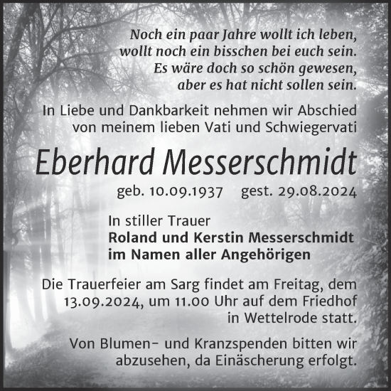 Traueranzeige von Eberhard Messerschmidt von Trauerkombi Sangerhausen