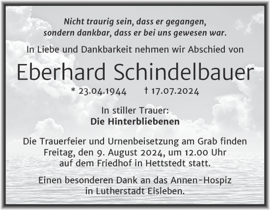 Traueranzeige von Eberhard Schindelbauer von Trauerkombi Mansfelder Land