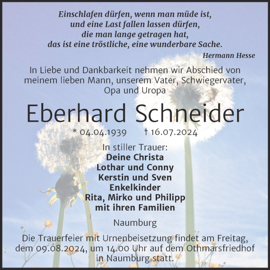 Traueranzeige von Eberhard Schneider von Super Sonntag Naumburg/Nebra