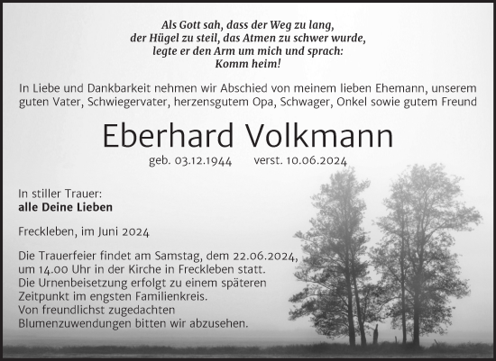 Traueranzeige von Eberhard Volkmann von Trauerkombi Aschersleben