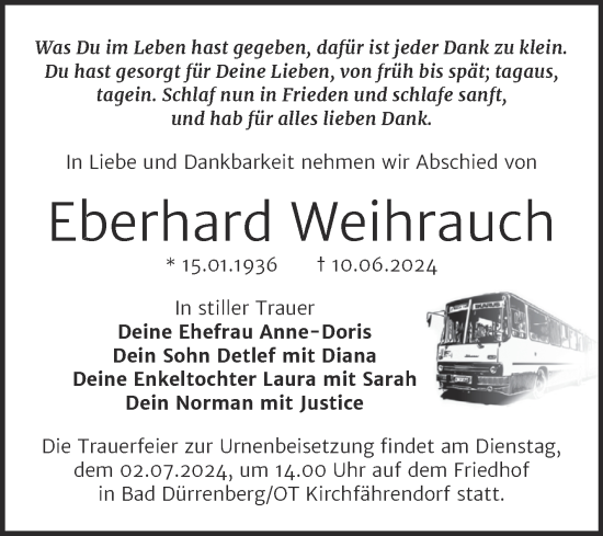 Traueranzeige von Eberhard Weihrauch von Trauerkombi Merseburg
