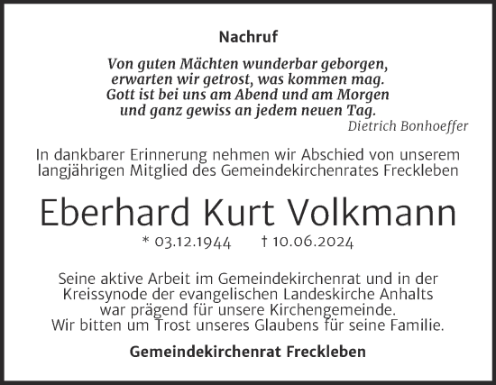 Traueranzeige von Eberhard Kurt Volkmann von Super Sonntag Aschersleben