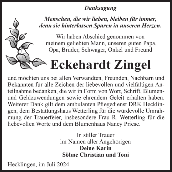 Traueranzeige von Eckehardt Zingel von Volksstimme Staßfurt