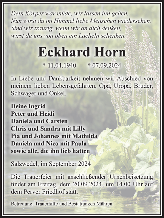 Traueranzeige von Eckhard Horn von Volksstimme Altmark West