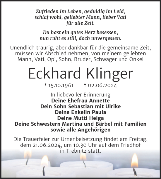Traueranzeige von Eckhard Klinger von Trauerkombi Weißenfels