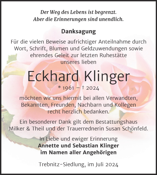 Traueranzeige von Eckhard Klinger von Trauerkombi Weißenfels