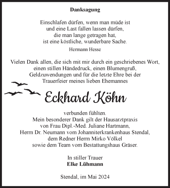 Traueranzeige von Eckhard Köhn von Volksstimme Altmark Ost