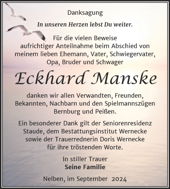 Traueranzeige von Eckhard Manske von Trauerkombi Bernburg