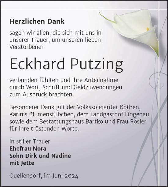 Traueranzeige von Eckhard Putzing von Trauerkombi Köthen
