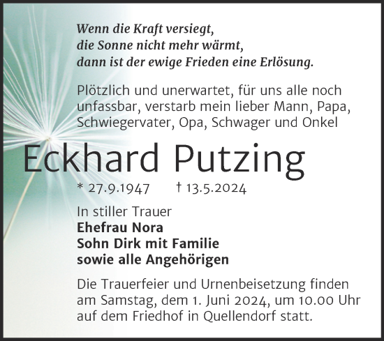 Traueranzeige von Eckhard Putzing von Trauerkombi Köthen