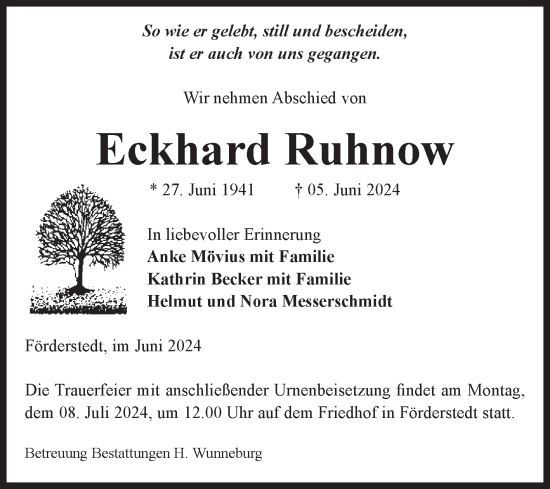 Traueranzeige von Eckhard Ruhnow von Volksstimme Staßfurt
