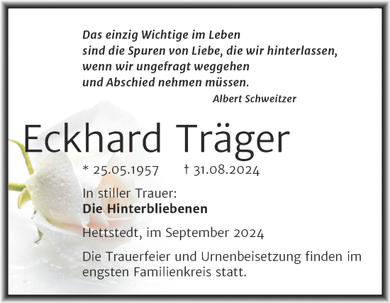 Traueranzeige von Eckhard Träger von Trauerkombi Mansfelder Land