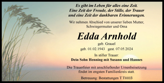 Traueranzeige von Edda Arnhold von Volksstimme Wernigerode
