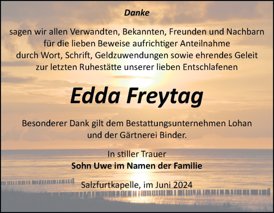 Traueranzeige von Edda Freytag von Trauerkombi Bitterfeld