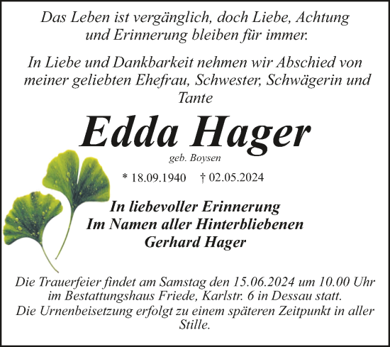 Traueranzeige von Edda Hager von Trauerkombi Dessau