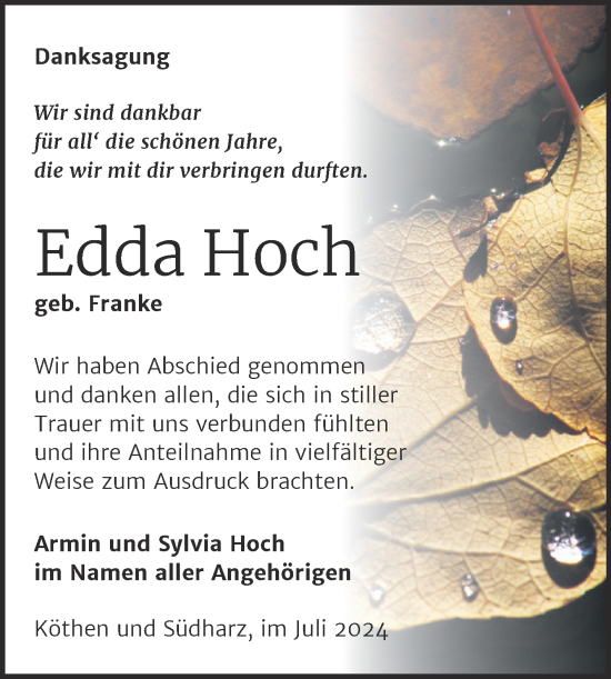 Traueranzeige von Edda Hoch von Trauerkombi Köthen