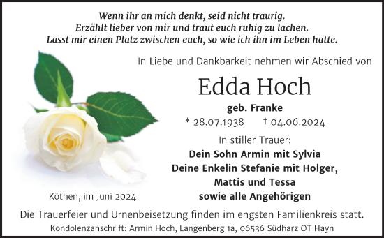 Traueranzeige von Edda Hoch von Trauerkombi Köthen