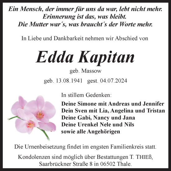 Traueranzeige von Edda Kapitan von Volksstimme Altmark Ost